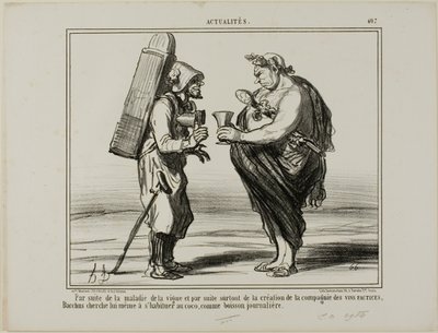 Como consecuencia de la enfermedad del vino, pero también por la fundación de la "Sociedad para la Producción de Vino Artificial", hasta Baco decide pasarse al agua de coco como bebida diaria, plato 407 de Actualités de Honoré Victorin Daumier
