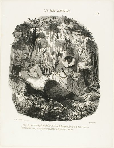 A 30°C, afortunado aquel que puede escaparse y dormitar en el bosque de Saint-Germain acompañado de su mujer y unas cuantas lagartijas, plato 27 de Les Bons Bourgeois de Honoré Victorin Daumier