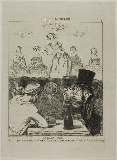 En los Campos Elíseos. Nunca ha quedado muy claro si es la música la que hace bajar la cerveza, o la cerveza la que hace tragar la música, plato 3 de Croquis Musicaux de Honoré Victorin Daumier