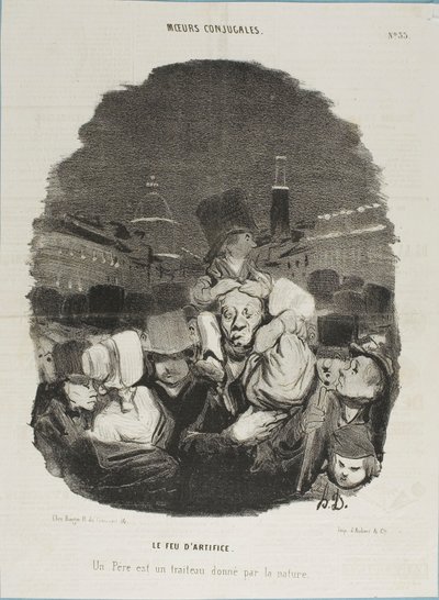 En el espectáculo de fuegos artificiales. Un padre es un caballo de tiro, proporcionado por la naturaleza, lámina 33 de Moeurs Conjugales y lámina 14 en Actualités de Honoré Victorin Daumier