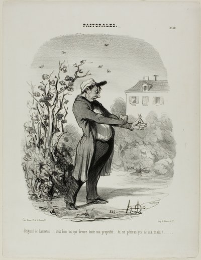 "Bandido de mayo... eres tú quien devora todos mis bienes. Perecerás por mi mano", lámina 32 de Pastorales. de Honoré Victorin Daumier