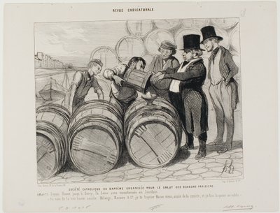 Se establece una sociedad católica de bautismo para todos los borrachos de París. (Artículo 1) De Rouen a Bercy el Sena se transformará en el río Jordán. "En nombre de la gran sociedad Mélange, Macaire  Co. Yo te bautizo 