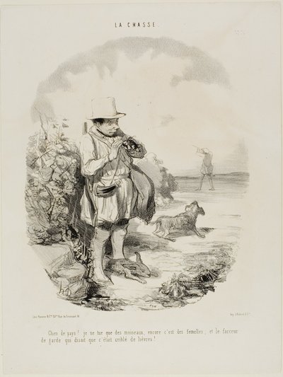 "¡Maldito país! Sólo disparo a gorriones.... y sólo a hembras... y este ingenioso guardia insistió en que el lugar está lleno de conejos", placa 5 de La Chasse. de Honoré Victorin Daumier