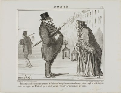 Desde que el Sr. Babinet anunció que el sol podría desaparecer de un momento a otro, los parisinos toman todas las precauciones necesarias, incluso al mediodía, placa 385 de Actualités de Honoré Victorin Daumier