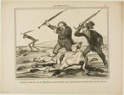 Gran revuelta de las ratas de Montfaucon que no quieren que los científicos les quiten el pienso, lámina 12 de Les Hippophages de Honoré Victorin Daumier