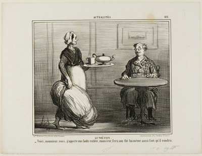 Té de hierbas. "- Aquí tiene, Monsieur, he pensado en traerle todo el paquete de heno para que pueda decidir usted mismo sobre la fuerza de su té", plato 416 de Actualités. de Honoré Victorin Daumier