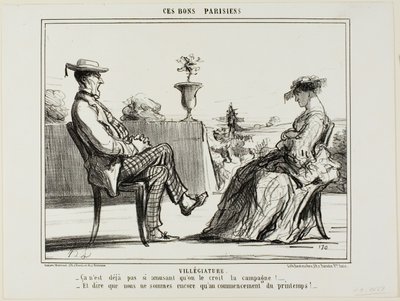 Vacaciones en el campo. "- La vida en el campo no es tan entretenida, como dicen todos. - Y pensar que la primavera acaba de empezar," plato 14 de Ces Bons Parisiens de Honoré Victorin Daumier
