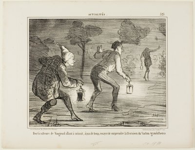 Horticultores de Nanterre caminando de puntillas a medianoche hacia el cactus grandiflorus para sorprenderlo en su floración, lámina 323 de Actualités de Honoré Victorin Daumier