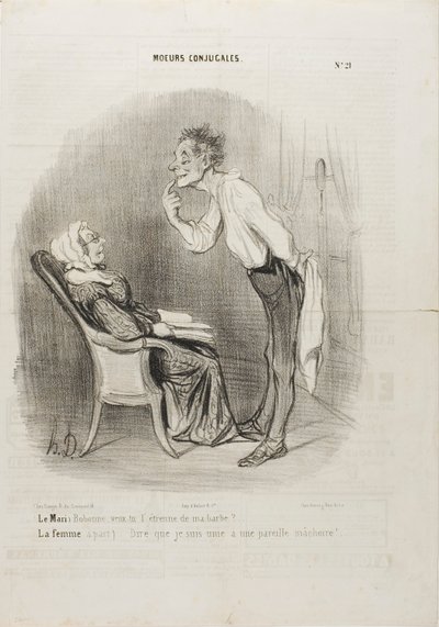 Marido: "Querida, ¿qué tal un primer beso en la barbilla" La esposa (aparte): "¡Y pensar que estoy casada con esta cara!", lámina 21 de Moeurs Conjugalesa de Honoré Victorin Daumier
