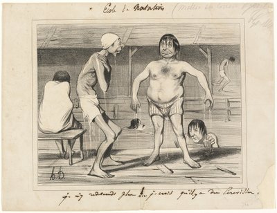 ¡Ya no voy a entrar ahí! - Creo que hay cangrejos de río ahí abajo..., plato uno de Les Baigneurs de Honoré Victorin Daumier