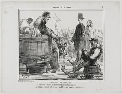 Impresiones de la vendimia. "- ¡Qué! ¿Pisáis descalzos - Y qué... ¡no querrá que lo hagamos con nuestros zapatos de baile!", lámina 2 de Croquis D