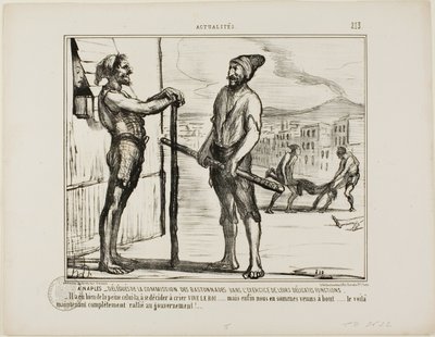 Nápoles. - La Comisión de Bastonadas durante su delicado trabajo. "- Costó convencer a éste de que gritara: "¡VIVA EL REY!"... pero al fin llegamos al fondo... y ahora está completamente a favor del Gobierno...", placa 213 de Actu de Honoré Victorin Daumier