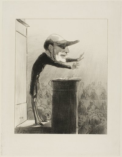 Jules de L (también conocido como Lasteyrie la lámpara de Argand). Antiguo miembro de la oposición, ahora enemigo de la luz... cegado por la súbita aparición del sol de la República, Jules de Lasteyrie lleva ahora el antifaz del Constitucional, placa 33 de de Honoré Victorin Daumier