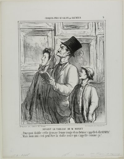 Mirando el cuadro de Manet. "- ¿Por qué diablos se llama Olimpia esta mujer gorda y pelirroja en camisón - Pero querida, tal vez sea el nombre del gato negro", lámina 9 de Croquis Pris Au Salon par Daumier. de Honoré Victorin Daumier