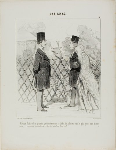 Madame Cabassol dando un paseo romántico por el jardín botánico con la amiga más joven de su marido. Encuentro repentino con este último no lejos de un ciervo, lámina 4 de Les Amis de Honoré Victorin Daumier