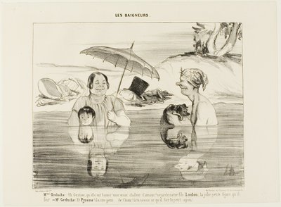 Madame Greluche: "¡Oh, Gustave, qué bien! ¡Un verdadero calor relajante! Mira a nuestro hijo Loulou; ¡qué carita más mona pone!". Sr. Greluche: "Y Pyramus, tiene miedo, miedo como un perro. Si supieras lo que está haciendo ahora mismo, el pequeño granuja", de Honoré Victorin Daumier