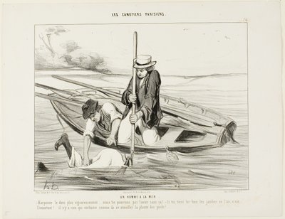 ¡Hombre al agua! "- ¡Arponémoslo más firmemente!.... ¡no podemos cogerlo de otra manera! Y tú, mantén sus piernas en el aire, eso es muy importante.... No hay nada en el mundo que te haga coger un resfriado más rápido que mojarte los pies", plato 14 de Les de Honoré Victorin Daumier