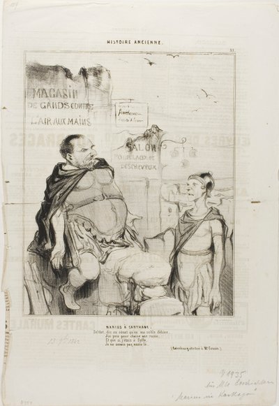 Marius en Cartago. Soldado, di al senado que en mi noble pobreza he tomado por silla una ruina Y si estuviera en Sylla no estaría aquí sentado. (Juego de palabras atribuido a M. Cousin), lámina 35 de Histoire Ancienne de Honoré Victorin Daumier