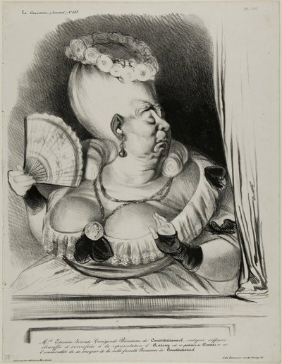 La señorita Etienne-Mona-Lisa-Cunégonde-La Oca Tonta del Constitutionnel, indignada, atragantada y exaltada por la actuación de Antonio en la que el travieso Dumas tuvo la indecencia de mofarse de la noble familia La Oca Tonta del Constitutionnel..., pl de Honoré Victorin Daumier