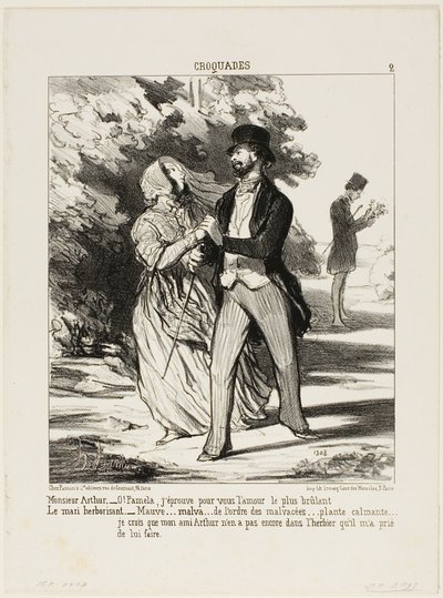 Monsieur Arthur: "- ¡Oh Pamela! Ardo de amor por ti!" El marido herbolario: "- Una malva... de la familia de las Malváceas... un sedante... No creo que mi amigo Arthur tenga este espécimen en el herbario que me pidió que construyera para él," plato 2 fro de Honoré Victorin Daumier