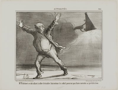 Monsieur Babinet decide apagar personalmente el sol para que se cumplan sus predicciones, plancha 386 de Actualités de Honoré Victorin Daumier