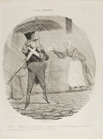 "Monsieur, Monsieur, aquí está su pañuelo. Madame le ha puesto agua de colonia y le ha dicho que pregunte en la guardia si le pueden dar un calientapiés", lámina 47 de Moeurs Conjugales. de Honoré Victorin Daumier