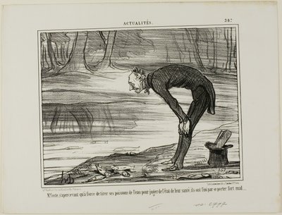 El Sr. Coste se da cuenta de que los peces que saca del agua para analizar su estado de salud acaban por no encontrarse nada bien, plancha 387 de Actualités de Honoré Victorin Daumier