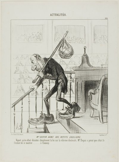 El Sr. Dupin en sus zapatitos En cuanto el Sr. Dupin se dio cuenta de que se iniciaba una acalorada discusión sobre la reforma de las leyes electorales, consideró que era el momento oportuno para presentarse en Clamecy, plato 123 de Actualités de Honoré Victorin Daumier