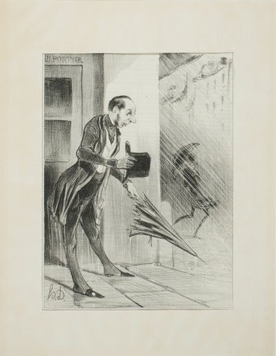 Nuevo paraguas patentado, con un sistema de muelles perfeccionado, para abrirse rápidamente al menor toque (remítase a nuestro anuncio al respecto), placa 33 de Émotions Parisiennes de Honoré Victorin Daumier