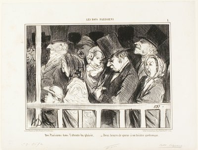 Parisinos con ganas de diversión. Haciendo cola durante dos horas delante de cualquier teatro de la ciudad, la placa 1 de Les Bons Parisiens de Honoré Victorin Daumier