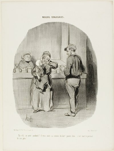 "¡Un borrachín normal!... ¡se lo traga como si fuera leche! Pobrecito... ¡es igual que su padre!", lámina 42 de Moeurs Conjugales. de Honoré Victorin Daumier