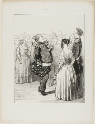 Rifolard abre el balón y ejecuta un audaz paso de baile hacia delante, que recibe elogios generalizados, placa 5 de Les Banqueteurs de Honoré Victorin Daumier