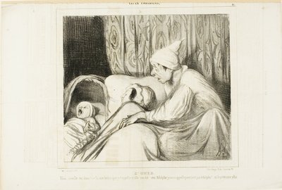 Sentido del oído. "- ¡Despierta Nini!.... Hace más de una hora que la llamo y siempre responde: sí Adolphe. Pero ni la niña ni yo nos llamamos Adolphe", lámina 41 de Types Parisiens. de Honoré Victorin Daumier