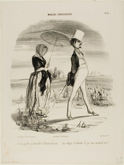 "Así que esto es lo que se llama seguir la corriente de la vida..... ser obligado a marchar al paso de un tonto!", placa 52 de Moeurs Conjugales de Honoré Victorin Daumier
