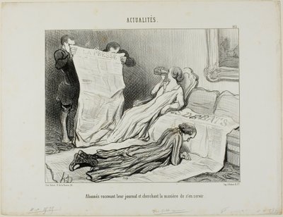 Suscriptores Tyring to Cope with Their Paper, plancha 115 de Actualités de Honoré Victorin Daumier