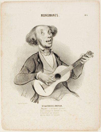 El guitarrista aficionado. Desafiando los bostezos de todos, Mientras canta su verso insignificante, Cantaría una canción de salón, Sobre las ruinas del universo...", lámina 4 de Monomanes. de Honoré Victorin Daumier