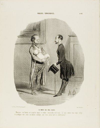 El marido de la Bluestocking. "Monsieur, mi mujer está inspirada desde esta mañana: es imposible verla. Como puede ver, tengo que dedicar toda mi atención al fruto de nuestra más reciente colaboración", lámina 46 de Moeurs Conjugales. de Honoré Victorin Daumier