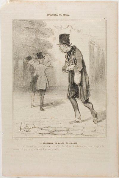 El Coleccionista de Recortes de Cigarros. "¡Cuándo habrán terminado de fumar estos cabrones! Son alguaciles; fuman hasta que quedan cenizas. No hay manera de sacarles un céntimo", lámina 4 de Bohémiens De Paris. de Honoré Victorin Daumier