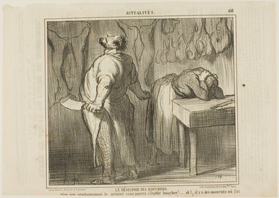 La desesperación del carnicero. "- Imagínate: ¡Cualquiera puede establecerse como carnicero! Hay momentos en los que me dan ganas de coger mi picadora de carne y cortarme en dos mitades como una simple ternera", plato 458 de Actualités. de Honoré Victorin Daumier