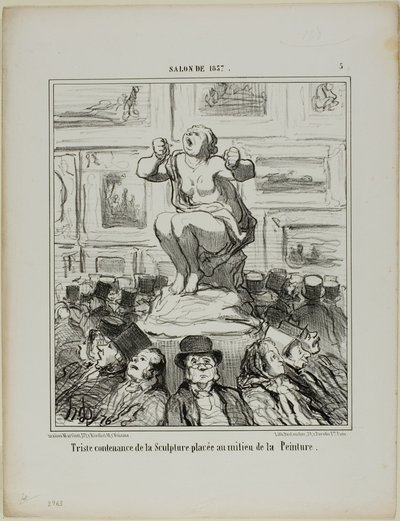 El disgusto de una escultura colocada en medio de una exposición de cuadros, lámina 5 del Salon De 1857 de Honoré Victorin Daumier