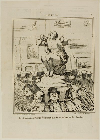 El disgusto de una escultura colocada en medio de una exposición de cuadros, lámina 5 del Salon De 1857 de Honoré Victorin Daumier