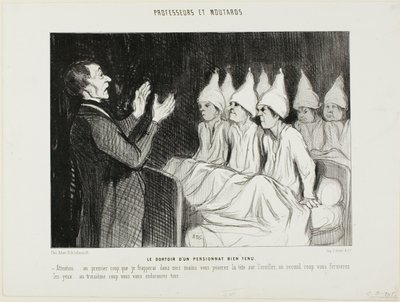 El dormitorio de un distinguido internado, lámina 14 de Professeurs et Moutards (Profesores y bribones) de Honoré Victorin Daumier