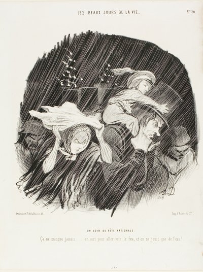 La noche de la Fiesta Nacional. Nunca falla... sales a ver los fuegos artificiales, ¡y todo lo que consigues son fuegos artificiales!, plato 20 de Los mejores días de la vida. de Honoré Victorin Daumier