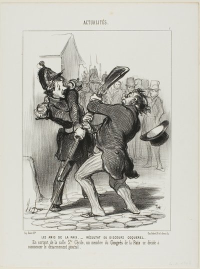 Los Amigos de la Paz - Resultado de un discurso de Coquerel. A la salida de la sala de Saint Cécilia, un miembro del congreso de la paz decide iniciar el desarme general, placa 7 de Actualités de Honoré Victorin Daumier