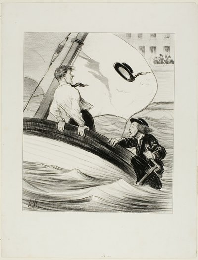 La ráfaga de viento. "- ¡Oh ráfaga! ¡He perdido mi sombrero! - No te preocupes.... como es de agua.... ¡no tendrás problema en recuperarlo en Rouen!", lámina 17 de Les Canotiers Parisiens. de Honoré Victorin Daumier