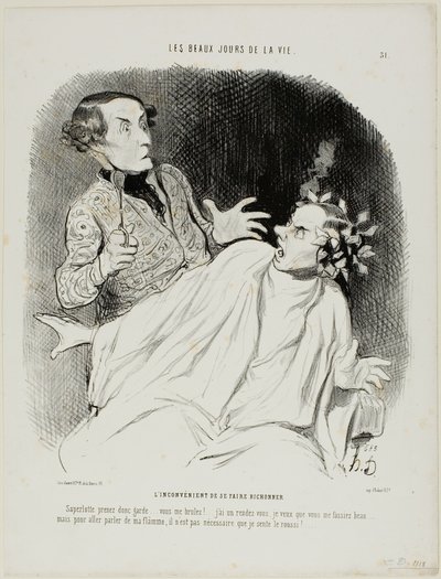 La inconveniencia de tener el pelo rizado. "Oh blast.... mira aquí, cuidado... me estás quemando.... He quedado con alguien y quiero que me hagas quedar bien....... pero para declarar mi ardiente pasión no necesito oler a chamusquina", plato 3 de Honoré Victorin Daumier