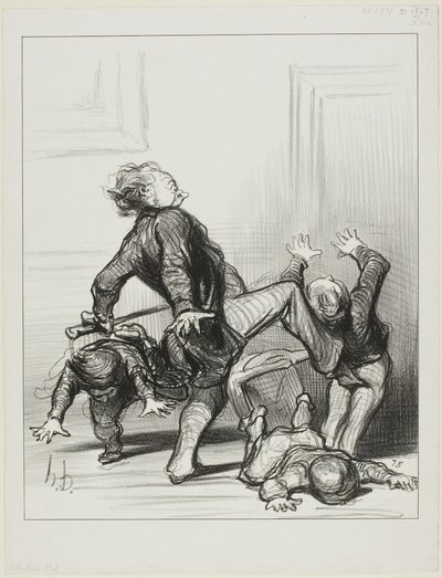 La influencia del Congreso de la Paz. "Oh sinvergüenzas, estáis peleando de nuevo... todavía no sabéis que el hombre debe vivir en paz y ser dueño de sí mismo", lámina 8 de Actualités. de Honoré Victorin Daumier