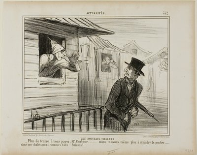 Los nuevos blocaos. "- Ya no hay que pagar alquileres, Monsieur Vautour... y ya no tememos al conserje..... en nuestros chalés todos somos suizos", plancha 332 de Actualités de Honoré Victorin Daumier