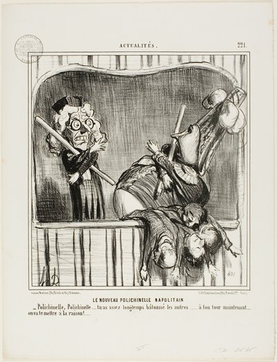 El nuevo bufón napolitano. "- Polichinela, Polichinela, ya has atizado bastante a los demás... ahora te toca a ti. Te haremos entrar en razón...", plato 221 de Actualités de Honoré Victorin Daumier
