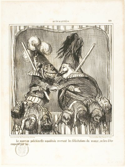 El nuevo bufón napolitano. Recibir las felicitaciones del DIABLO en lugar de dejarse llevar por él, lámina 229 de Actualités de Honoré Victorin Daumier